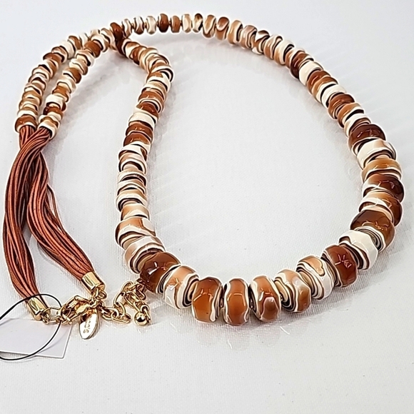 Chico's Long Rustic Stone Statement Necklace w Faux Leather Fringe & Gold Chain - Picture 11 of 13